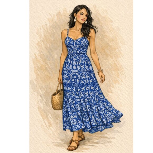 Boho Blue & White Floral Maxi Dress - Picture 7 of 7